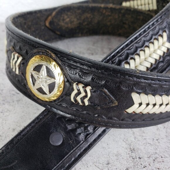 Vintage Western Bohemian Tooled Leather Belt Whipstitch Conchos size 30